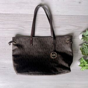 MICHAEL KORS jet set reversible brown logo snake print tote